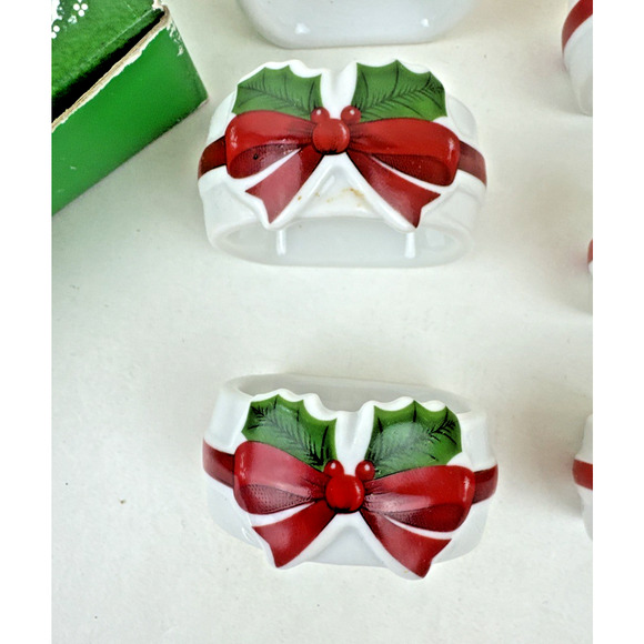 Set Of 6 Ribbon And Holly Porcelain Napkin Ring Holders Vintage Japan 1986 - Picture 3 of 16